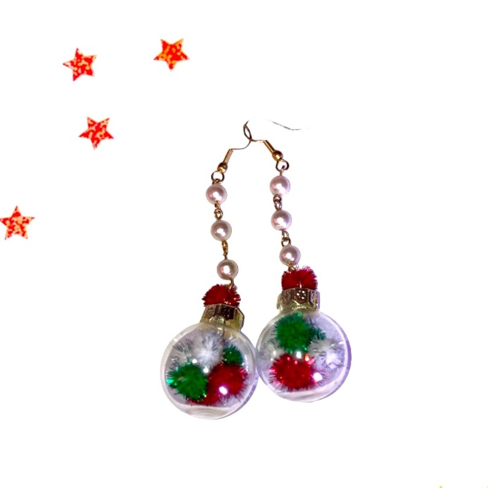 Handmade Holiday Ornament Earrings with Red and Green Glitter Balls Golden Hooks